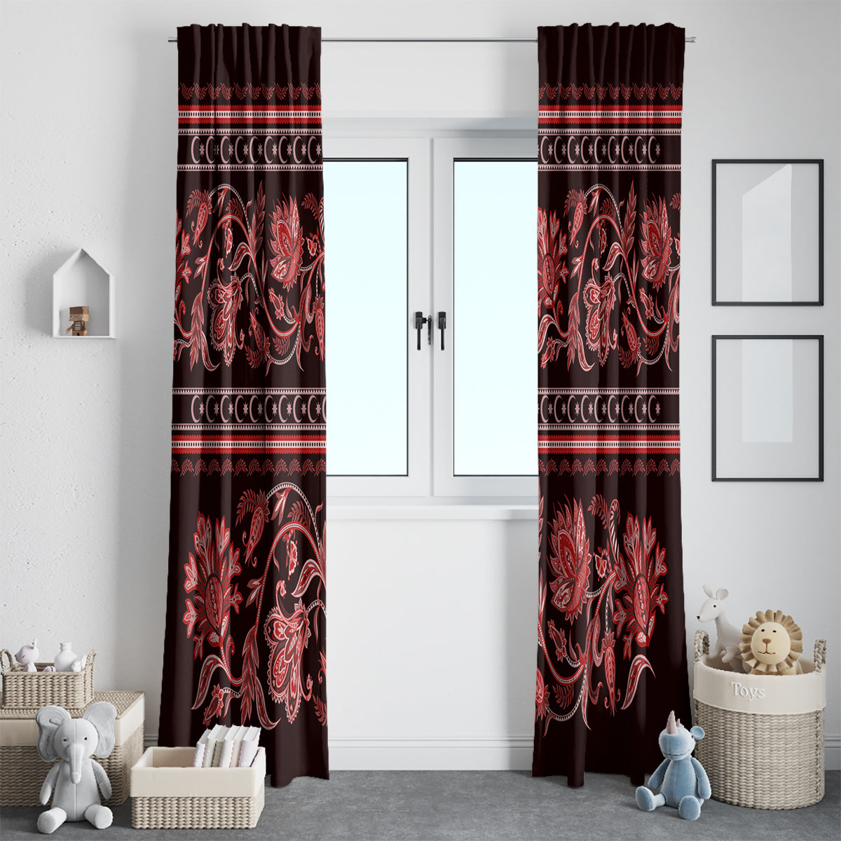 Azerbaijan Window Curtain Traditional Pattern Ornament With Flowers Buta Red - Wonder Print Shop