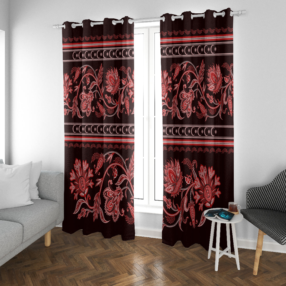 Azerbaijan Window Curtain Traditional Pattern Ornament With Flowers Buta Red - Wonder Print Shop