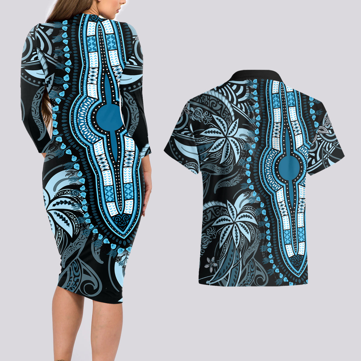 Polynesia Dashiki Couples Matching Long Sleeve Bodycon Dress and Hawaiian Shirt Polynesia and Africa Traditional Special Together Blue LT9 - Wonder Print Shop