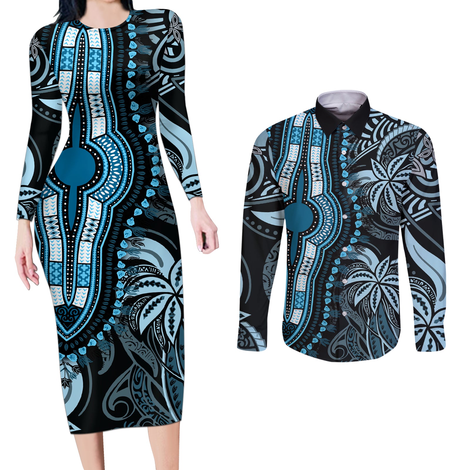 Polynesia Dashiki Couples Matching Long Sleeve Bodycon Dress and Long Sleeve Button Shirts Polynesia and Africa Traditional Special Together Blue LT9 - Wonder Print Shop