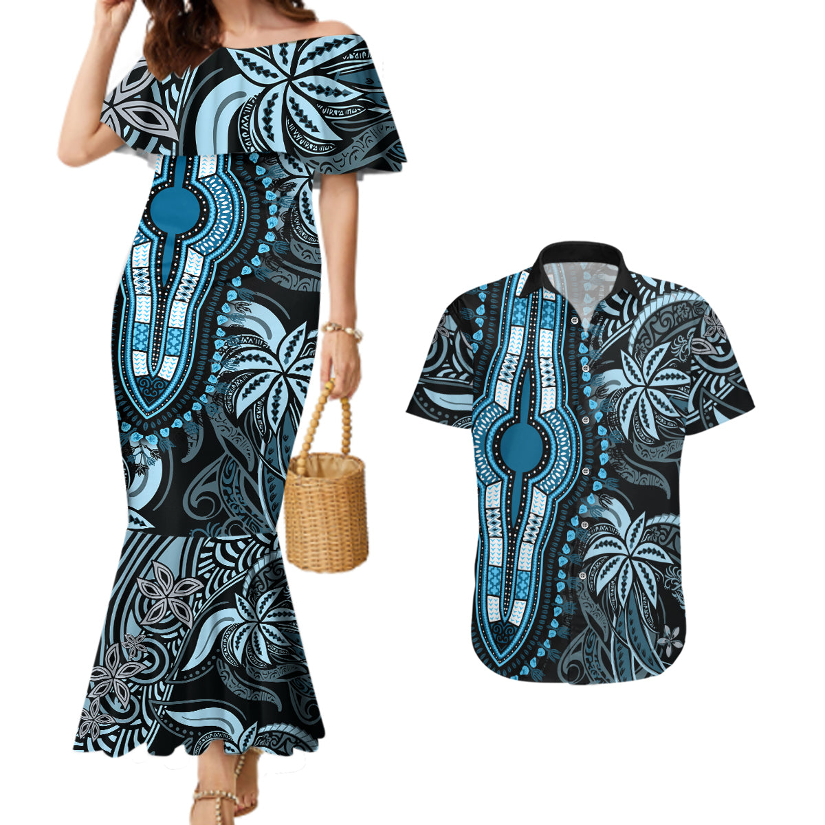 Polynesia Dashiki Couples Matching Mermaid Dress and Hawaiian Shirt Polynesia and Africa Traditional Special Together Blue LT9 - Wonder Print Shop