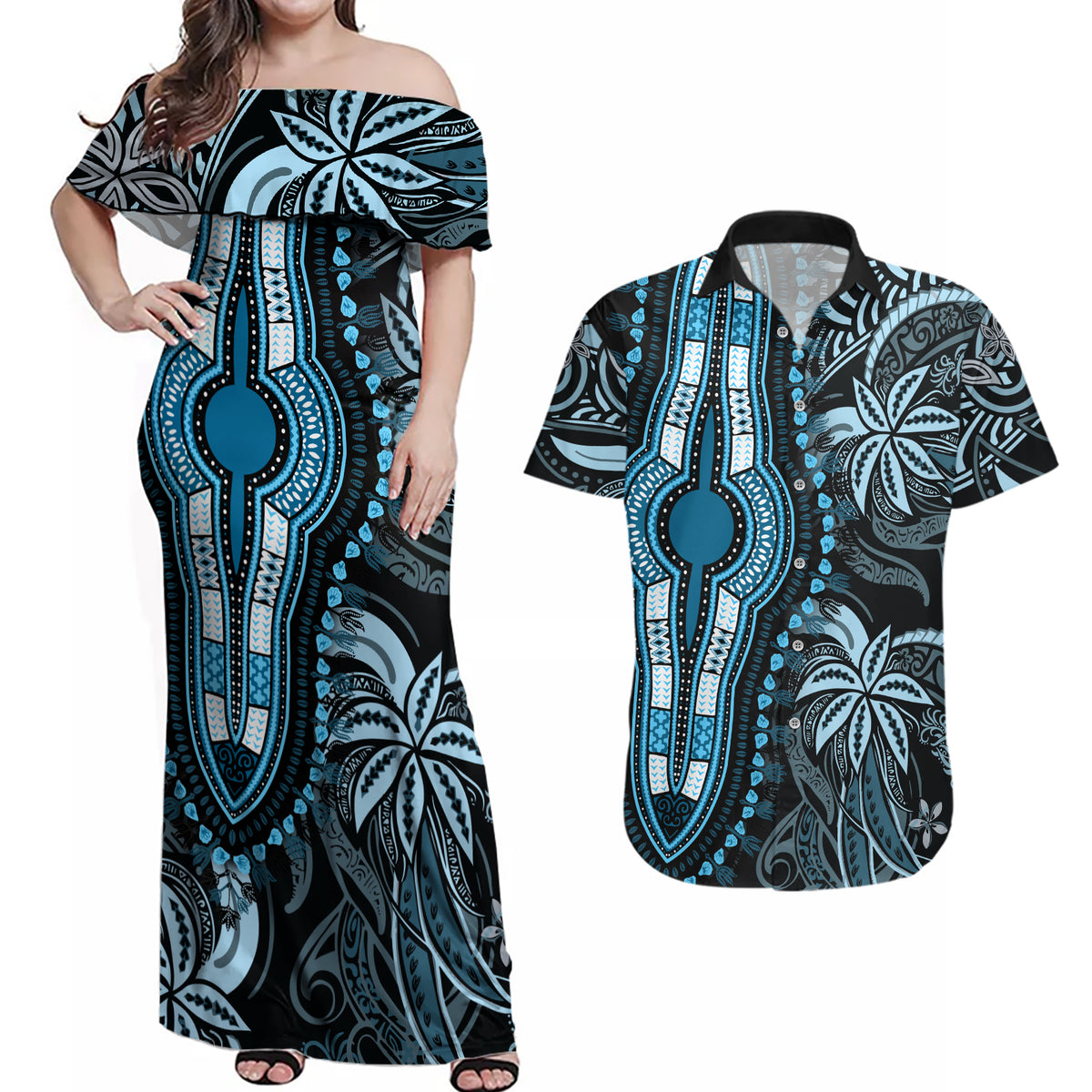 Polynesia Dashiki Couples Matching Off Shoulder Maxi Dress and Hawaiian Shirt Polynesia and Africa Traditional Special Together Blue LT9 - Wonder Print Shop