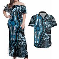 Polynesia Dashiki Couples Matching Off Shoulder Maxi Dress and Hawaiian Shirt Polynesia and Africa Traditional Special Together Blue LT9 - Wonder Print Shop