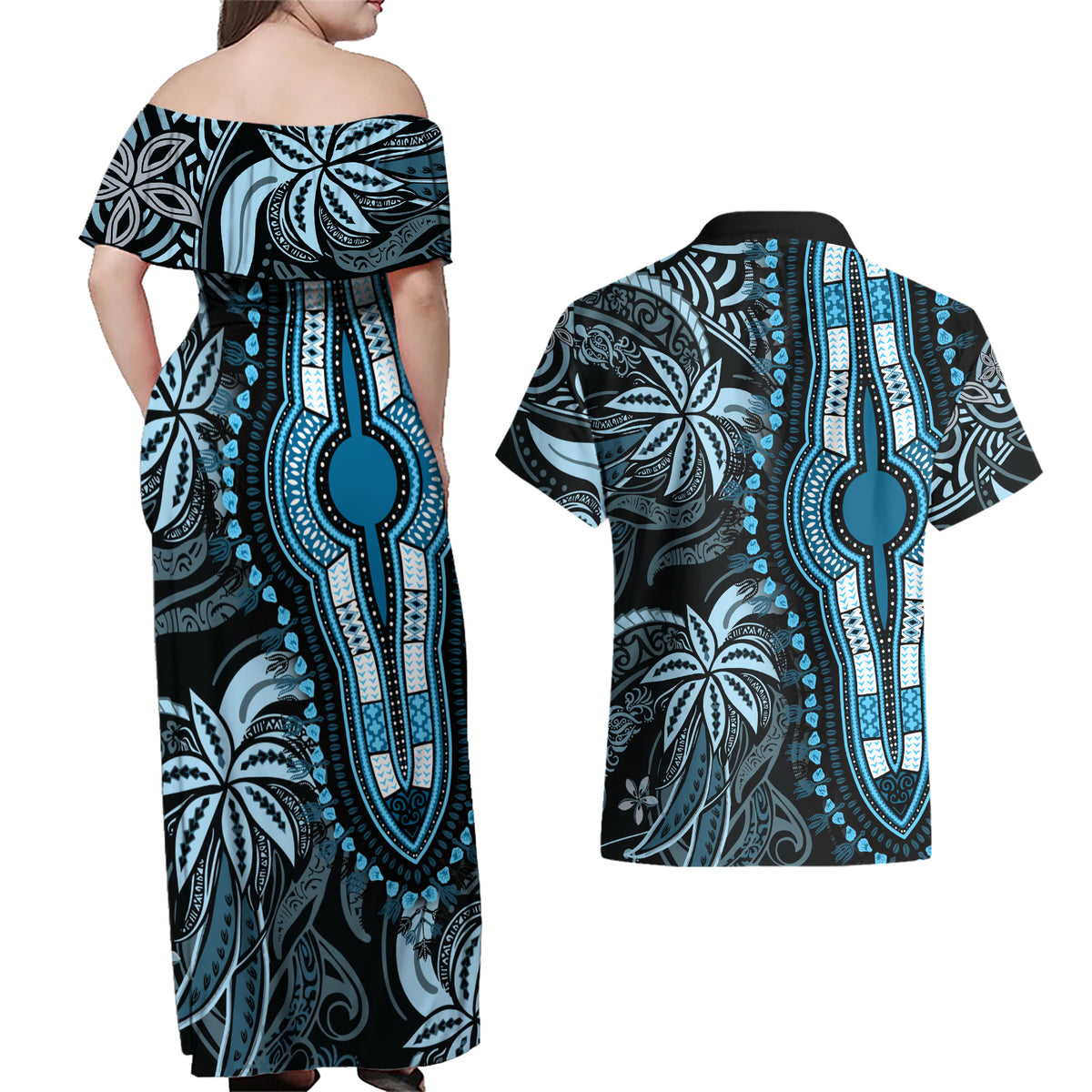 Polynesia Dashiki Couples Matching Off Shoulder Maxi Dress and Hawaiian Shirt Polynesia and Africa Traditional Special Together Blue LT9 - Wonder Print Shop