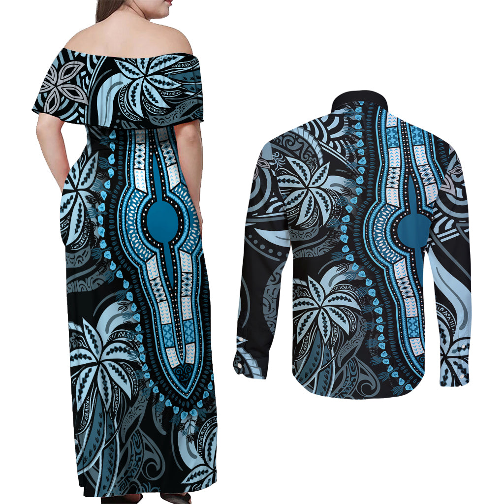 Polynesia Dashiki Couples Matching Off Shoulder Maxi Dress and Long Sleeve Button Shirts Polynesia and Africa Traditional Special Together Blue LT9 - Wonder Print Shop