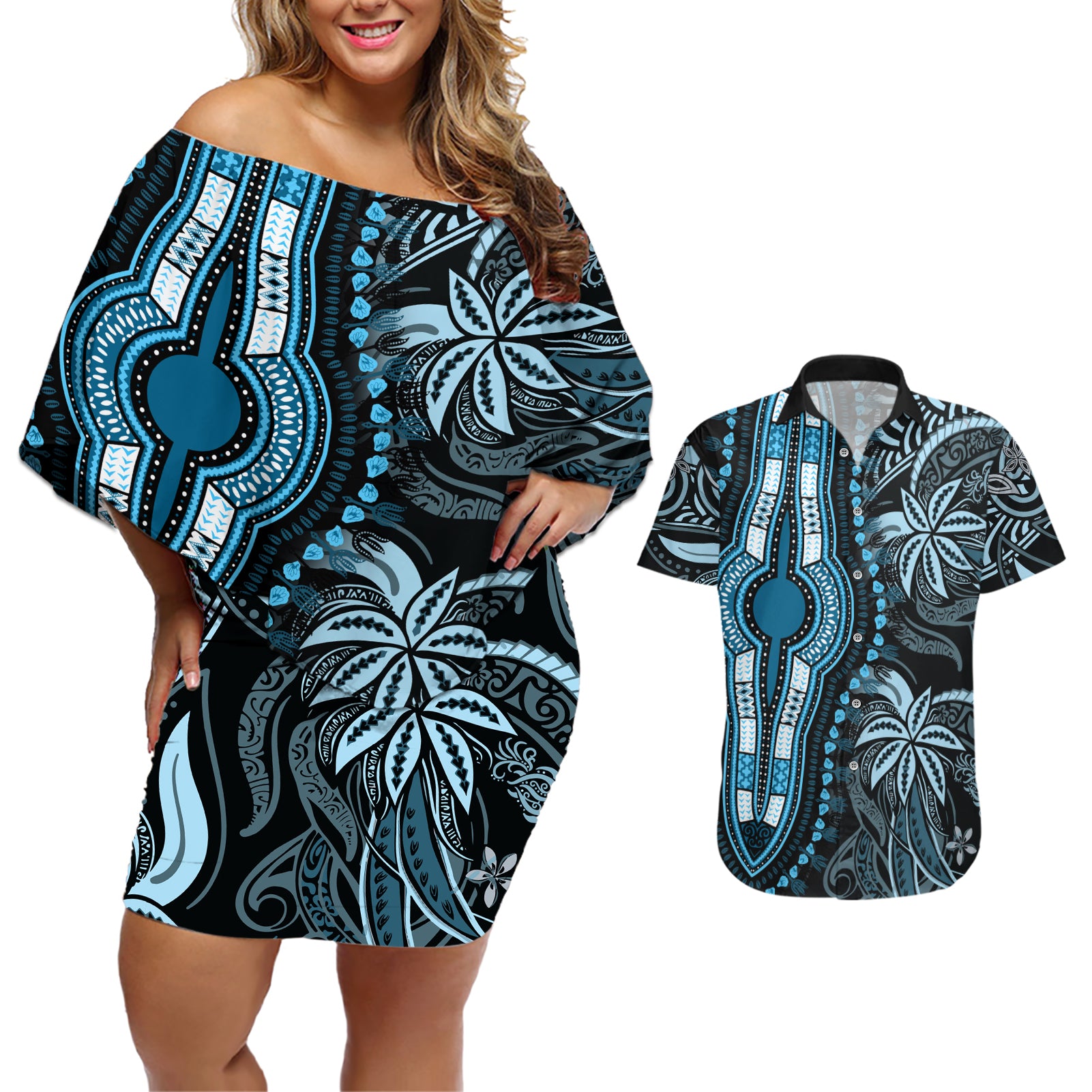 Polynesia Dashiki Couples Matching Off Shoulder Short Dress and Hawaiian Shirt Polynesia and Africa Traditional Special Together Blue LT9 - Wonder Print Shop