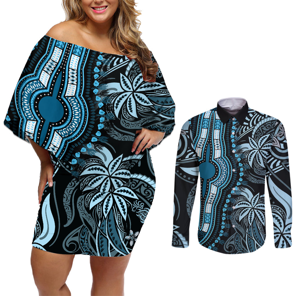 Polynesia Dashiki Couples Matching Off Shoulder Short Dress and Long Sleeve Button Shirts Polynesia and Africa Traditional Special Together Blue LT9 - Wonder Print Shop