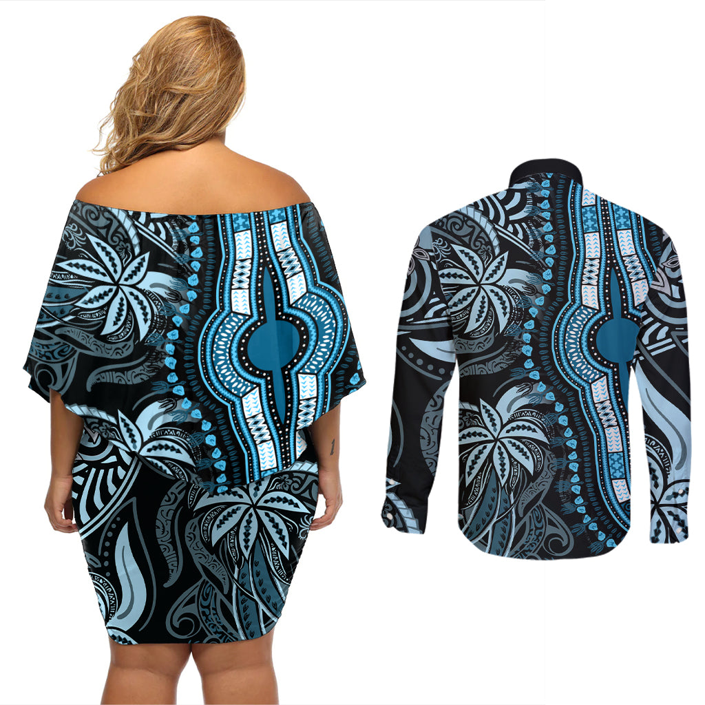 Polynesia Dashiki Couples Matching Off Shoulder Short Dress and Long Sleeve Button Shirts Polynesia and Africa Traditional Special Together Blue LT9 - Wonder Print Shop