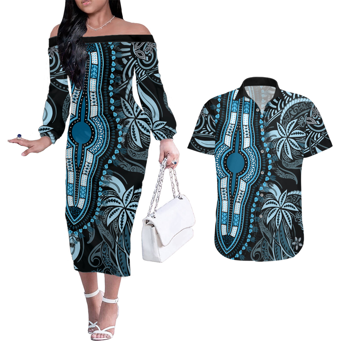 Polynesia Dashiki Couples Matching Off The Shoulder Long Sleeve Dress and Hawaiian Shirt Polynesia and Africa Traditional Special Together Blue LT9 - Wonder Print Shop