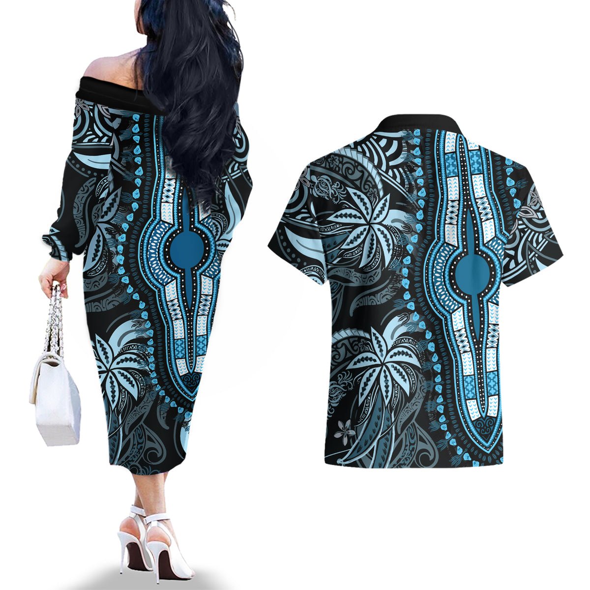 Polynesia Dashiki Couples Matching Off The Shoulder Long Sleeve Dress and Hawaiian Shirt Polynesia and Africa Traditional Special Together Blue LT9 - Wonder Print Shop