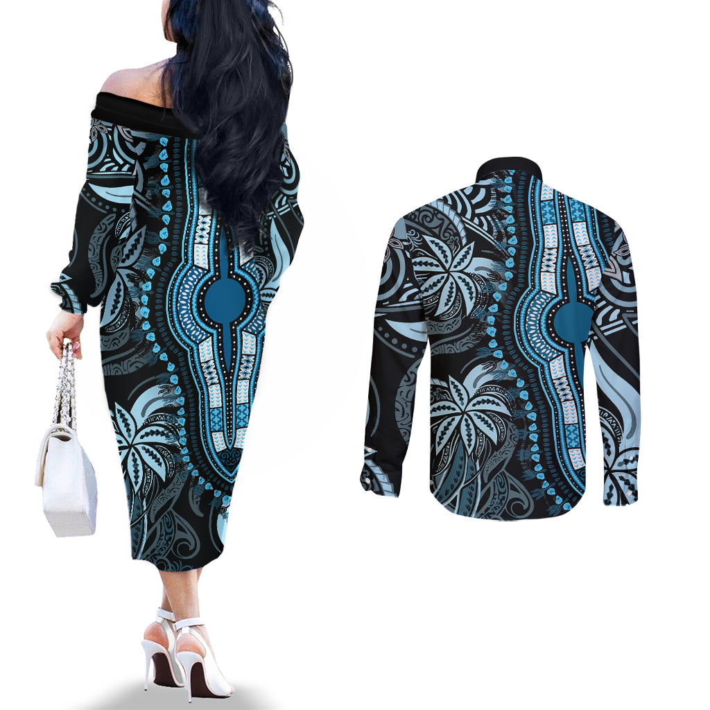 polynesia-dashiki-couples-matching-off-the-shoulder-long-sleeve-dress-and-long-sleeve-button-shirts-polynesia-and-africa-traditional-special-together-blue