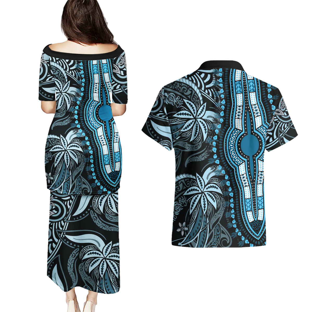 Polynesia Dashiki Couples Matching Puletasi Dress and Hawaiian Shirt Polynesia and Africa Traditional Special Together Blue LT9 - Wonder Print Shop