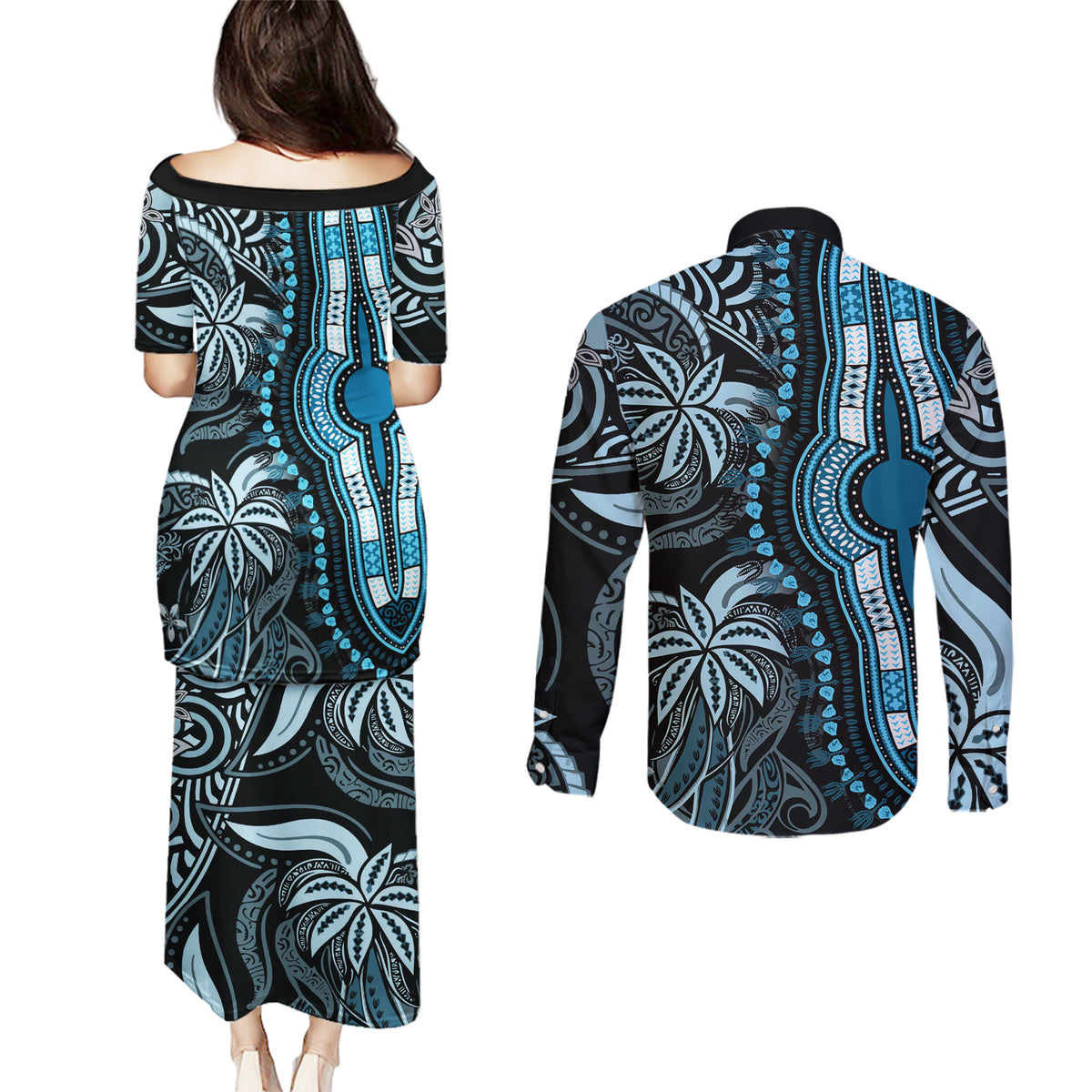 Polynesia Dashiki Couples Matching Puletasi Dress and Long Sleeve Button Shirts Polynesia and Africa Traditional Special Together Blue LT9 - Wonder Print Shop