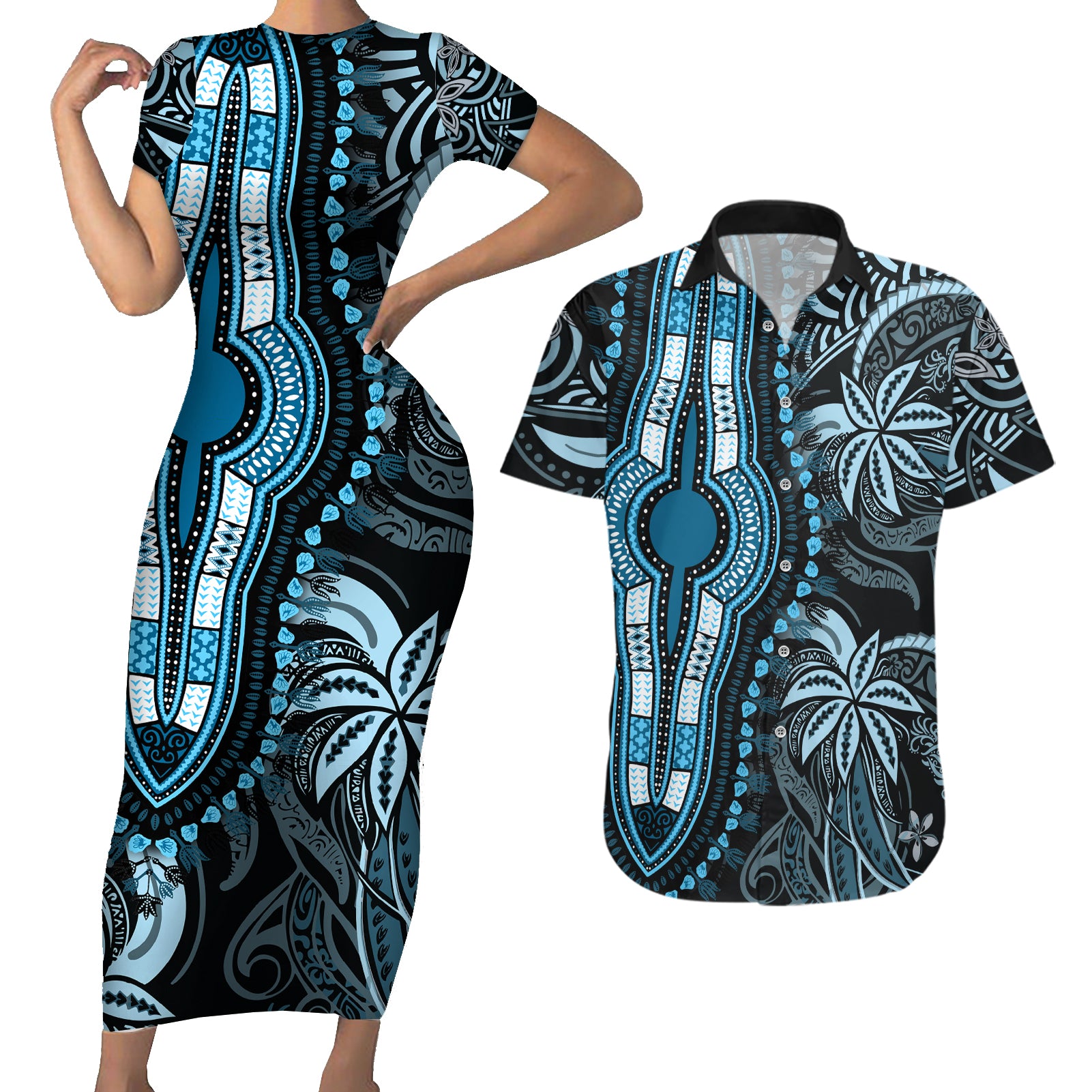 Polynesia Dashiki Couples Matching Short Sleeve Bodycon Dress and Hawaiian Shirt Polynesia and Africa Traditional Special Together Blue LT9 - Wonder Print Shop