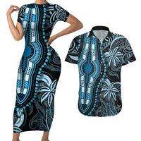 Polynesia Dashiki Couples Matching Short Sleeve Bodycon Dress and Hawaiian Shirt Polynesia and Africa Traditional Special Together Blue LT9 - Wonder Print Shop