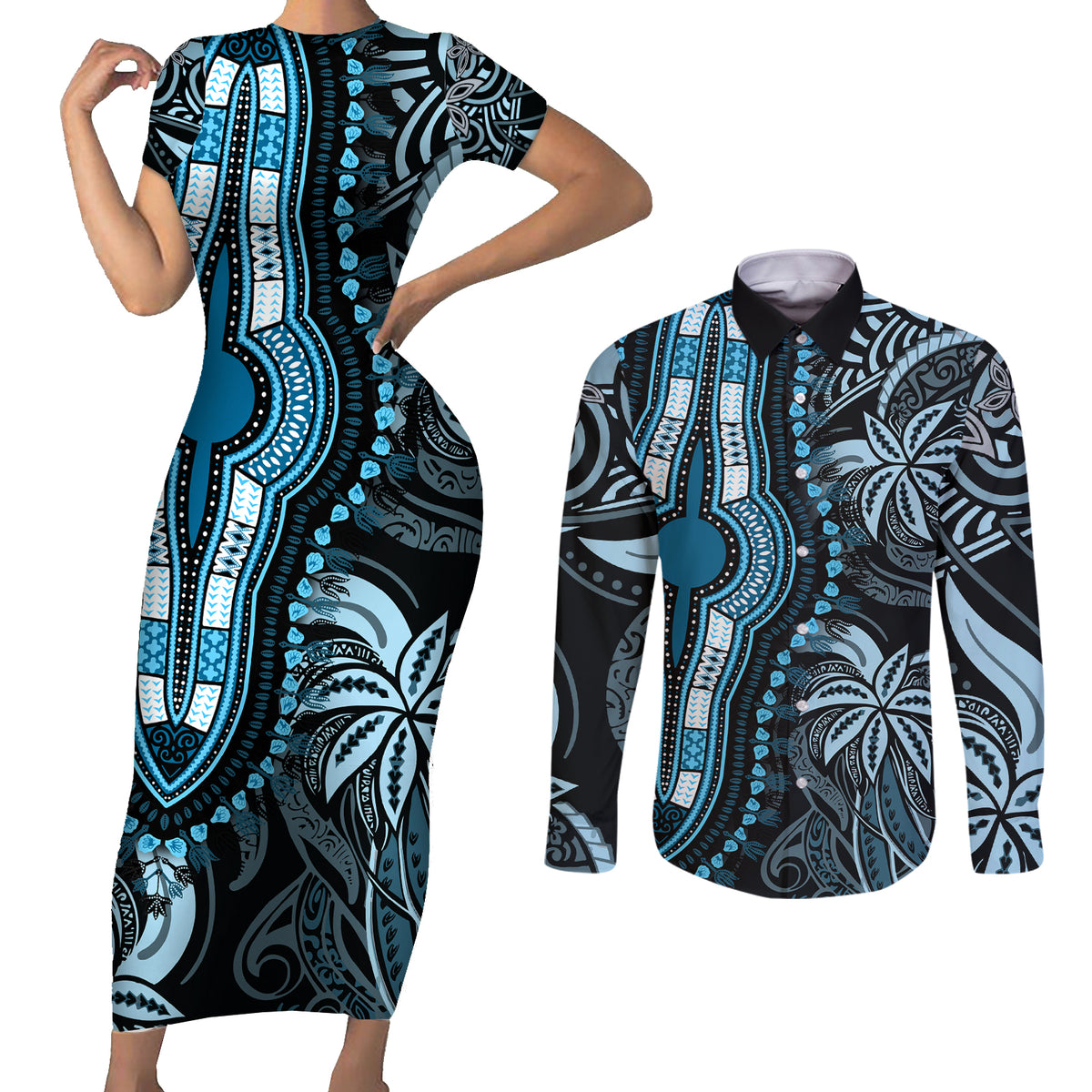 Polynesia Dashiki Couples Matching Short Sleeve Bodycon Dress and Long Sleeve Button Shirts Polynesia and Africa Traditional Special Together Blue LT9 - Wonder Print Shop