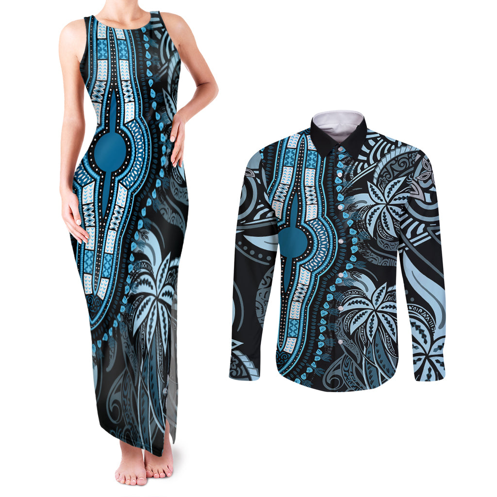 Polynesia Dashiki Couples Matching Tank Maxi Dress and Long Sleeve Button Shirts Polynesia and Africa Traditional Special Together Blue LT9 - Wonder Print Shop