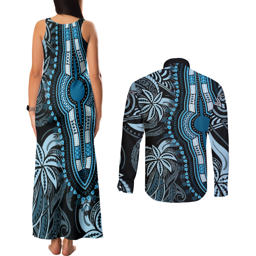Polynesia Dashiki Couples Matching Tank Maxi Dress and Long Sleeve Button Shirts Polynesia and Africa Traditional Special Together Blue LT9 - Wonder Print Shop
