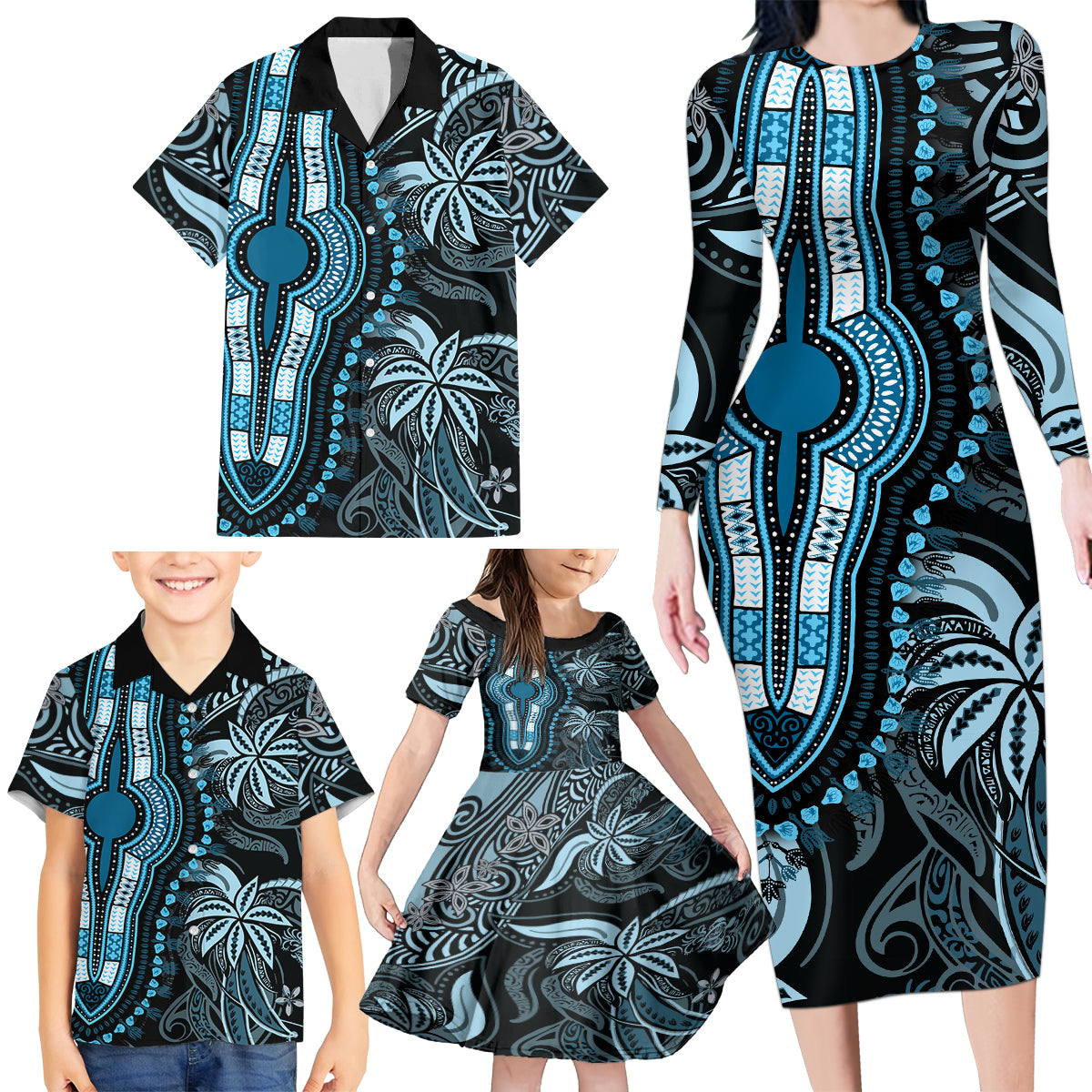 Polynesia Dashiki Family Matching Long Sleeve Bodycon Dress and Hawaiian Shirt Polynesia and Africa Traditional Special Together Blue LT9 - Wonder Print Shop
