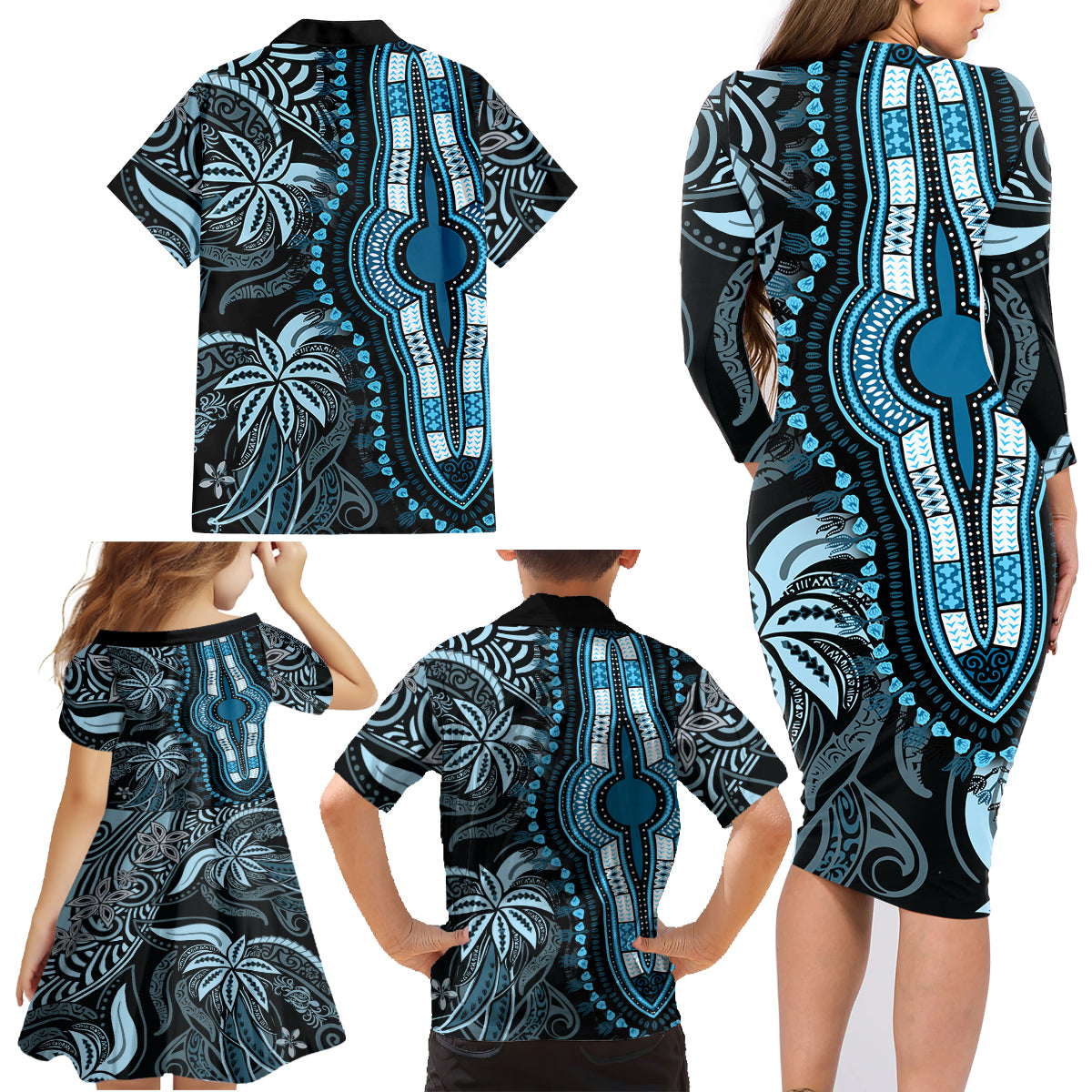 Polynesia Dashiki Family Matching Long Sleeve Bodycon Dress and Hawaiian Shirt Polynesia and Africa Traditional Special Together Blue LT9 - Wonder Print Shop
