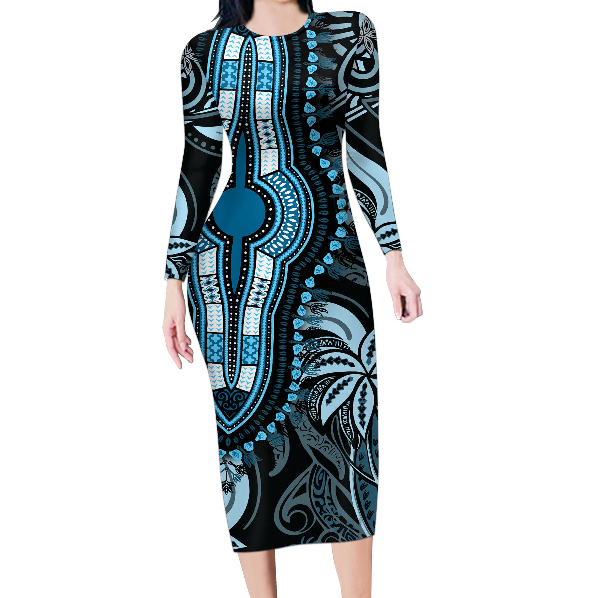 Polynesia Dashiki Family Matching Long Sleeve Bodycon Dress and Hawaiian Shirt Polynesia and Africa Traditional Special Together Blue LT9 - Wonder Print Shop