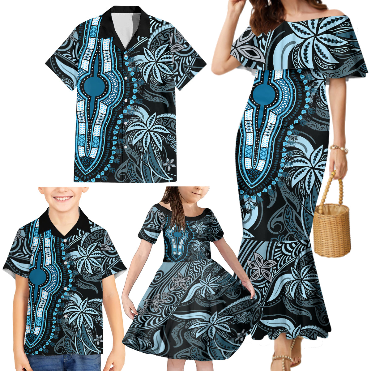 Polynesia Dashiki Family Matching Mermaid Dress and Hawaiian Shirt Polynesia and Africa Traditional Special Together Blue LT9 - Wonder Print Shop