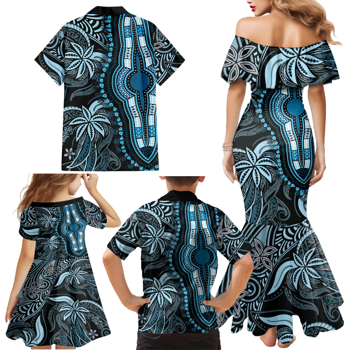 Polynesia Dashiki Family Matching Mermaid Dress and Hawaiian Shirt Polynesia and Africa Traditional Special Together Blue LT9 - Wonder Print Shop