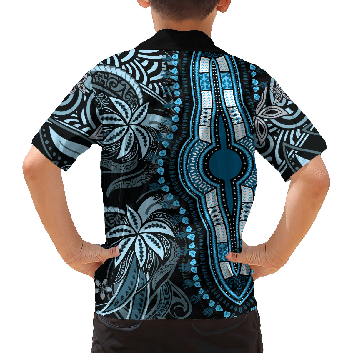 Polynesia Dashiki Family Matching Off Shoulder Long Sleeve Dress and Hawaiian Shirt Polynesia and Africa Traditional Special Together Blue - Wonder Print Shop