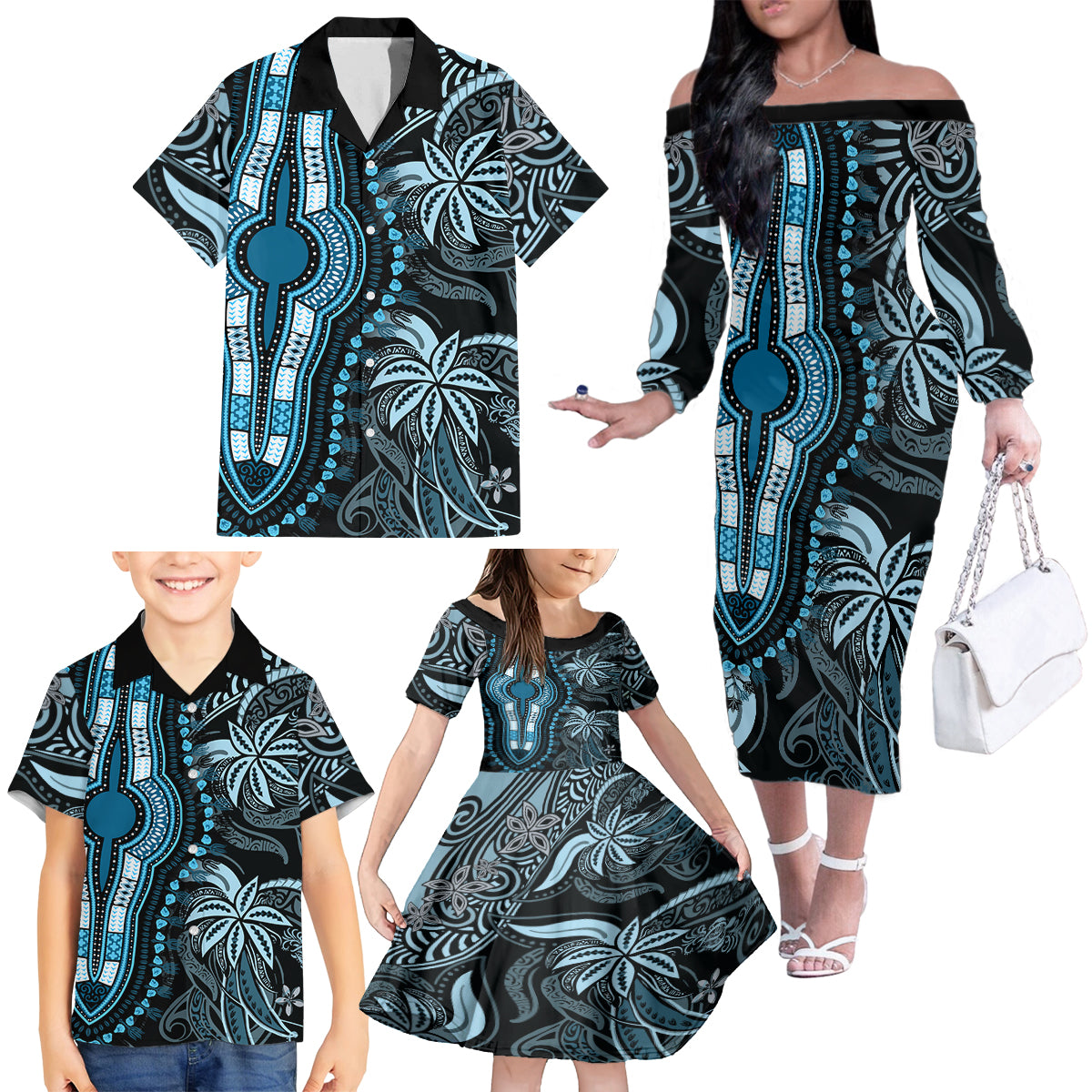Polynesia Dashiki Family Matching Off Shoulder Long Sleeve Dress and Hawaiian Shirt Polynesia and Africa Traditional Special Together Blue - Wonder Print Shop
