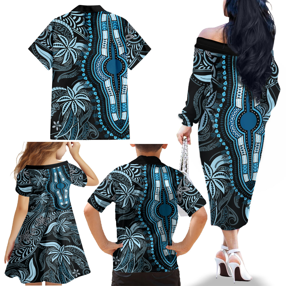 Polynesia Dashiki Family Matching Off Shoulder Long Sleeve Dress and Hawaiian Shirt Polynesia and Africa Traditional Special Together Blue - Wonder Print Shop