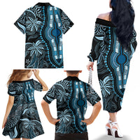 Polynesia Dashiki Family Matching Off Shoulder Long Sleeve Dress and Hawaiian Shirt Polynesia and Africa Traditional Special Together Blue - Wonder Print Shop