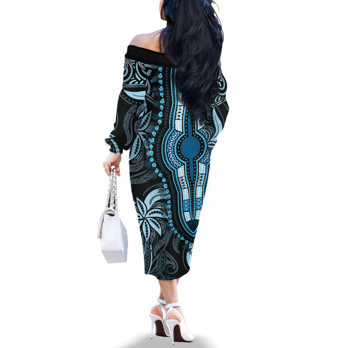 Polynesia Dashiki Family Matching Off Shoulder Long Sleeve Dress and Hawaiian Shirt Polynesia and Africa Traditional Special Together Blue - Wonder Print Shop