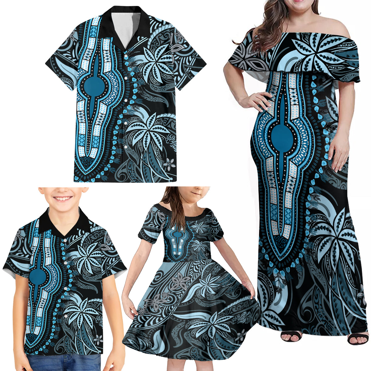 Polynesia Dashiki Family Matching Off Shoulder Maxi Dress and Hawaiian Shirt Polynesia and Africa Traditional Special Together Blue LT9 - Wonder Print Shop