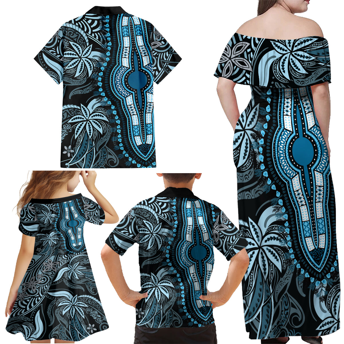 Polynesia Dashiki Family Matching Off Shoulder Maxi Dress and Hawaiian Shirt Polynesia and Africa Traditional Special Together Blue LT9 - Wonder Print Shop