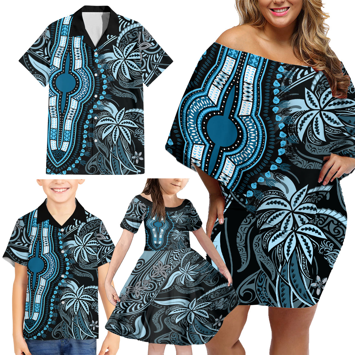 Polynesia Dashiki Family Matching Off Shoulder Short Dress and Hawaiian Shirt Polynesia and Africa Traditional Special Together Blue LT9 - Wonder Print Shop