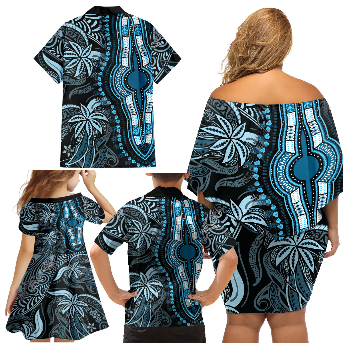 Polynesia Dashiki Family Matching Off Shoulder Short Dress and Hawaiian Shirt Polynesia and Africa Traditional Special Together Blue LT9 - Wonder Print Shop