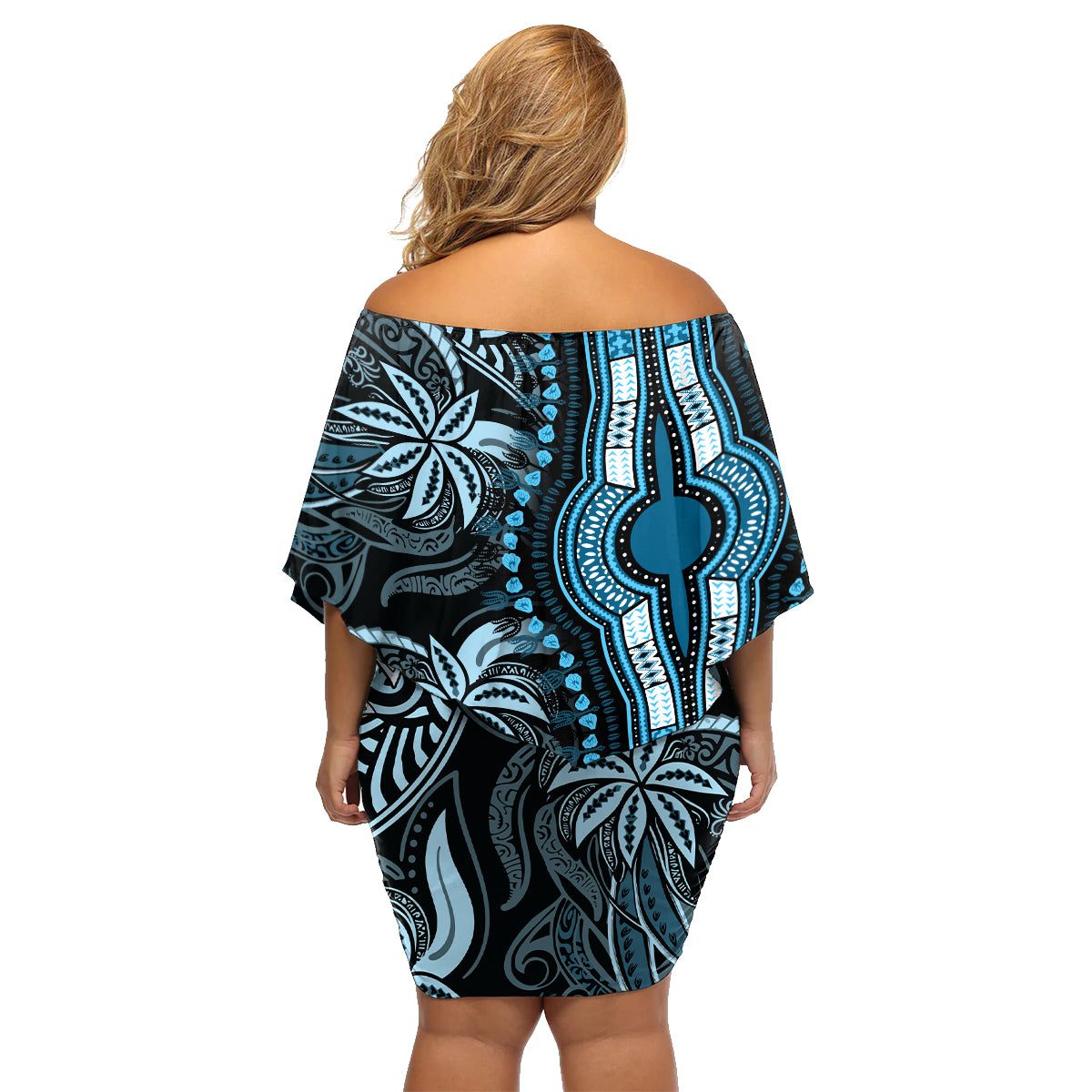 Polynesia Dashiki Family Matching Off Shoulder Short Dress and Hawaiian Shirt Polynesia and Africa Traditional Special Together Blue LT9 - Wonder Print Shop
