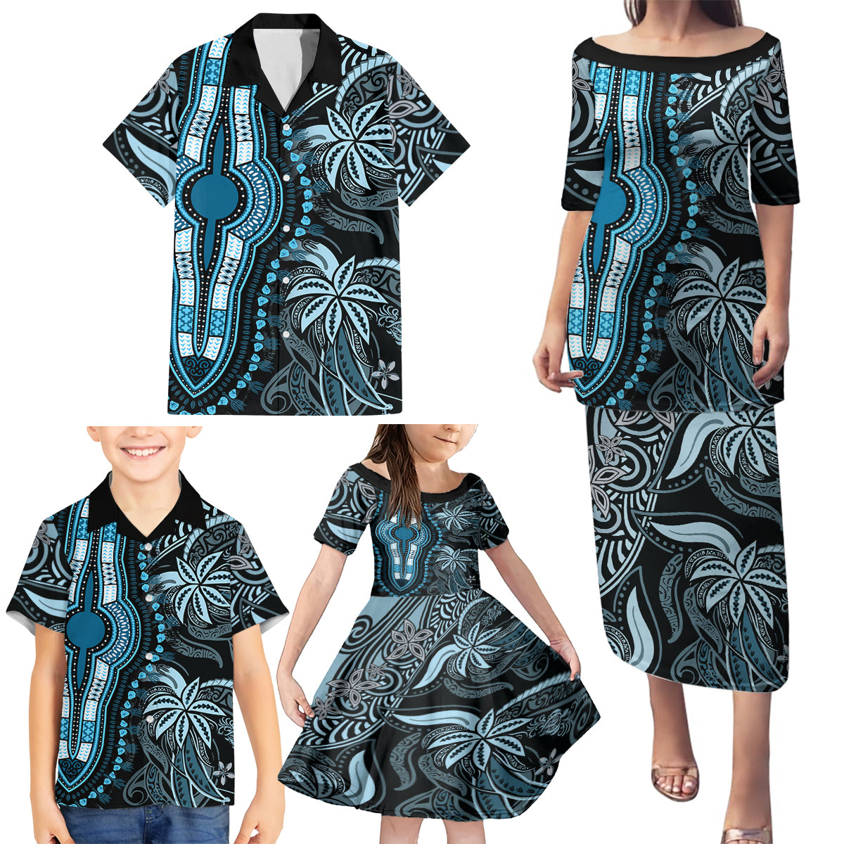 Polynesia Dashiki Family Matching Puletasi Dress and Hawaiian Shirt Polynesia and Africa Traditional Special Together Blue - Wonder Print Shop