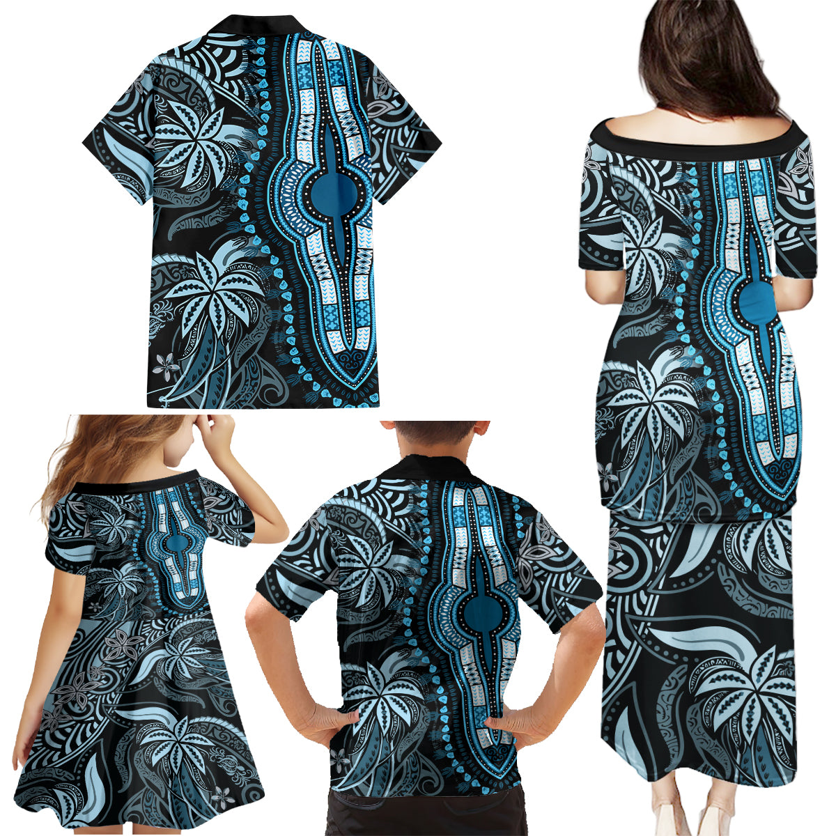 Polynesia Dashiki Family Matching Puletasi Dress and Hawaiian Shirt Polynesia and Africa Traditional Special Together Blue - Wonder Print Shop