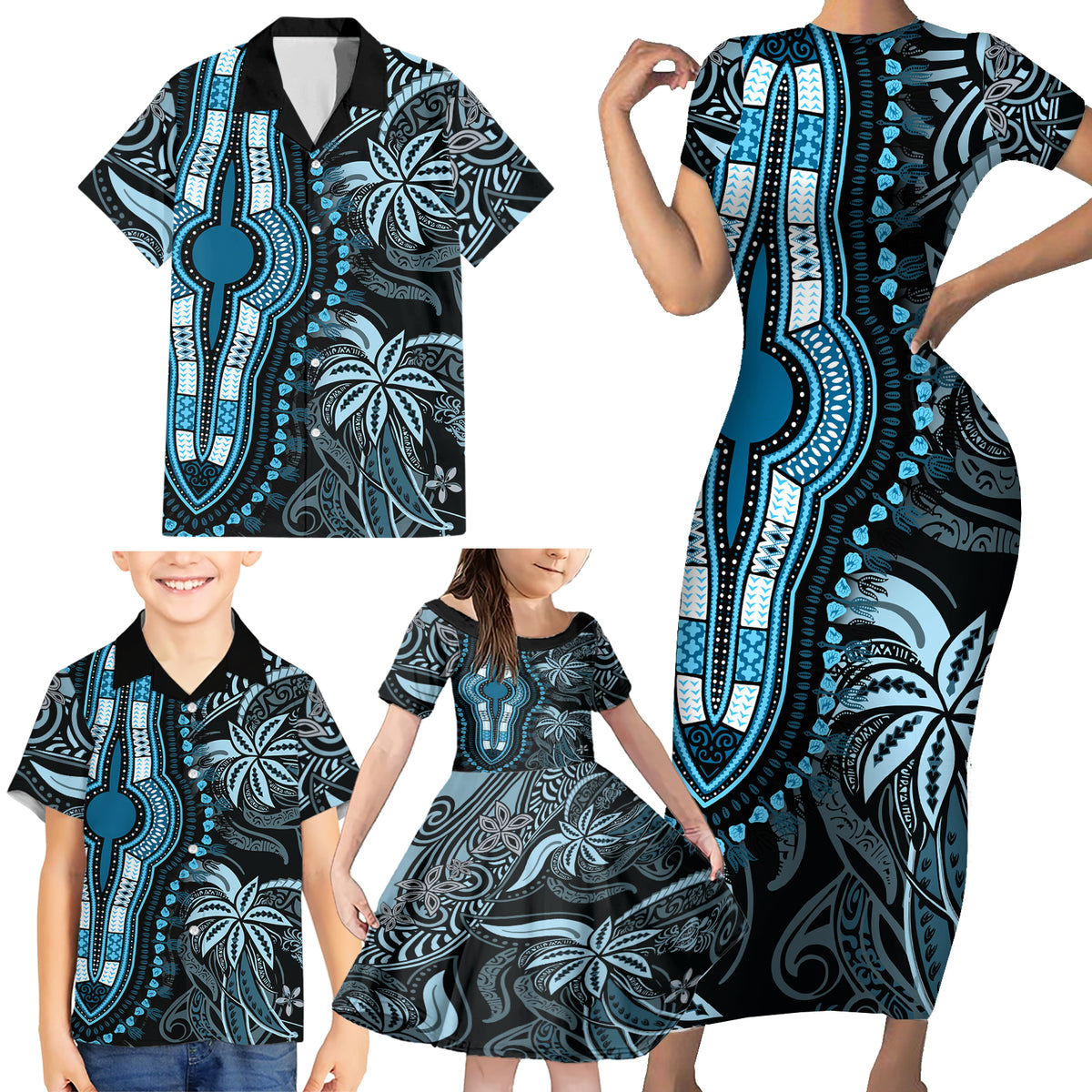 Polynesia Dashiki Family Matching Short Sleeve Bodycon Dress and Hawaiian Shirt Polynesia and Africa Traditional Special Together Blue - Wonder Print Shop