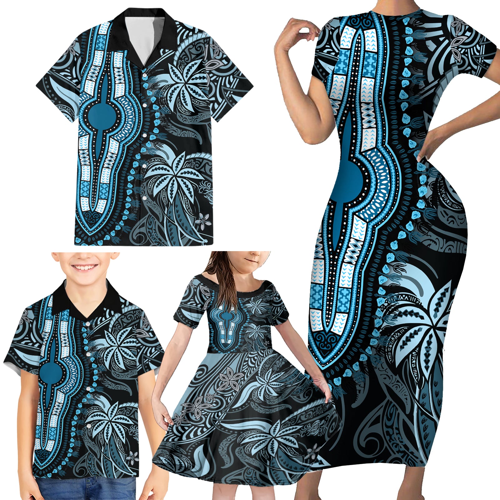 Polynesia Dashiki Family Matching Short Sleeve Bodycon Dress and Hawaiian Shirt Polynesia and Africa Traditional Special Together Blue - Wonder Print Shop