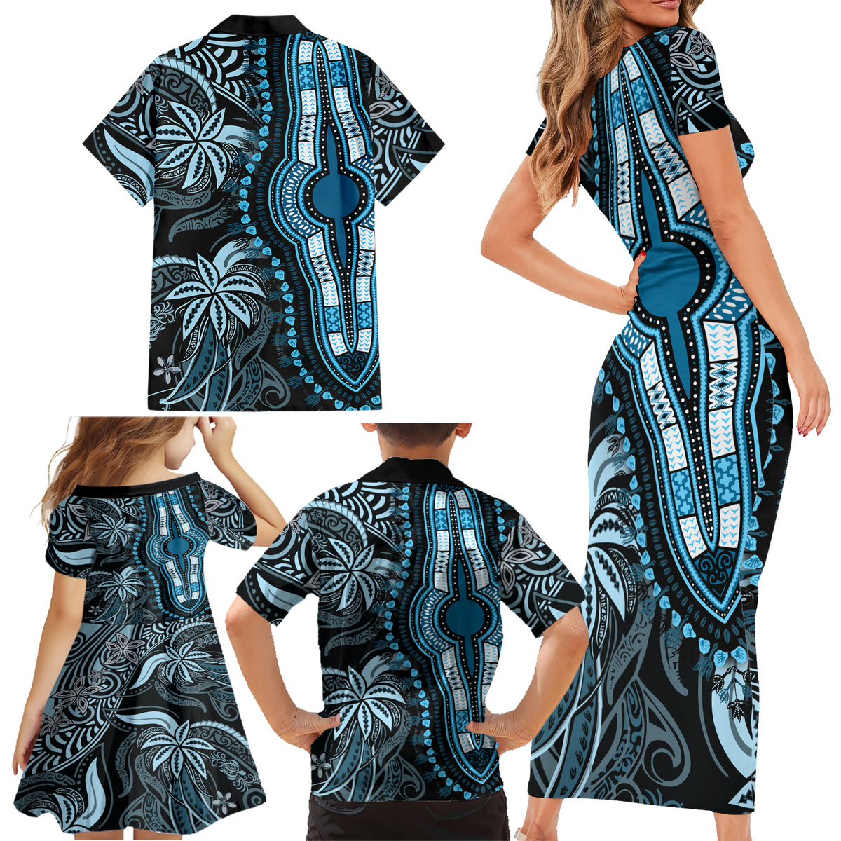 Polynesia Dashiki Family Matching Short Sleeve Bodycon Dress and Hawaiian Shirt Polynesia and Africa Traditional Special Together Blue - Wonder Print Shop