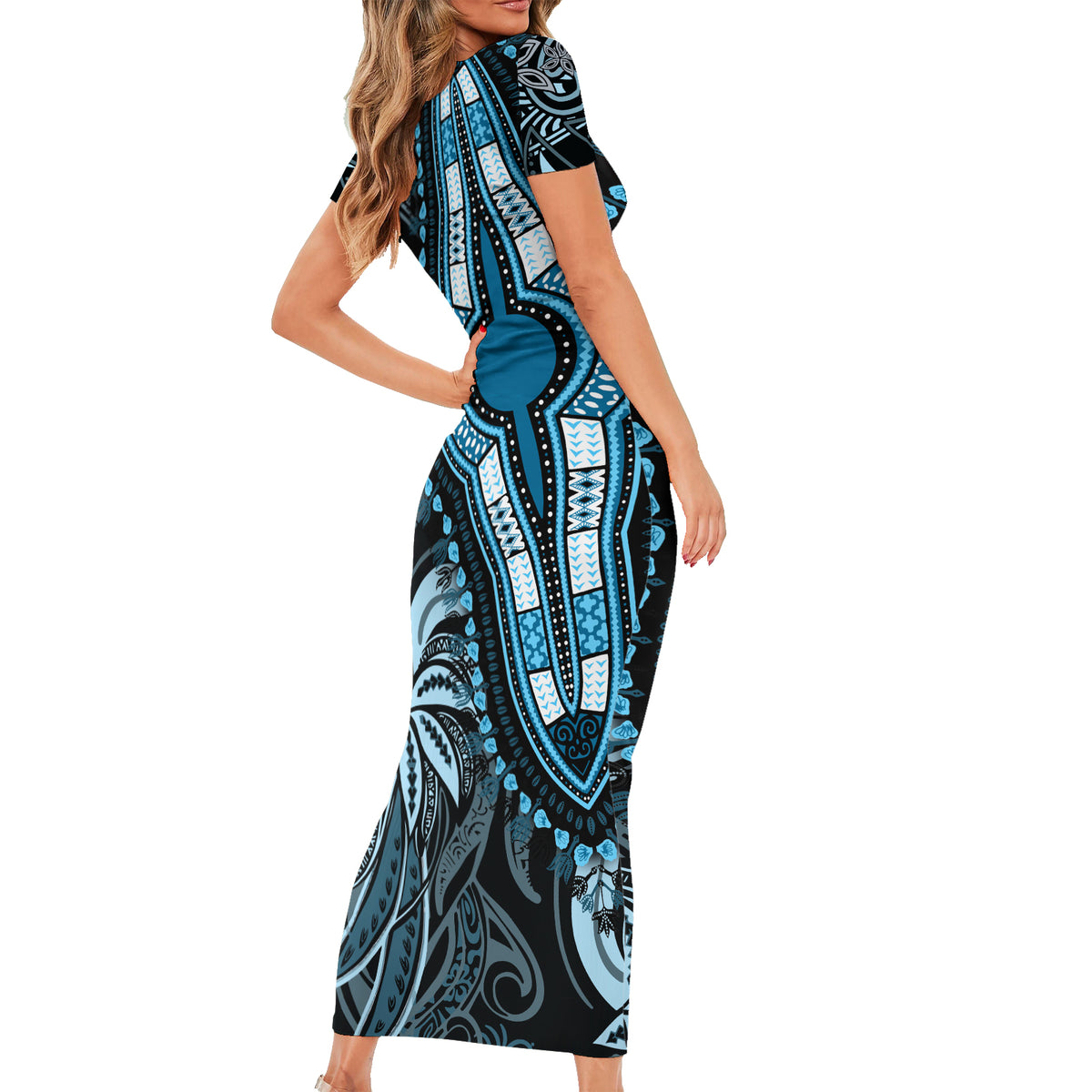 Polynesia Dashiki Family Matching Short Sleeve Bodycon Dress and Hawaiian Shirt Polynesia and Africa Traditional Special Together Blue - Wonder Print Shop