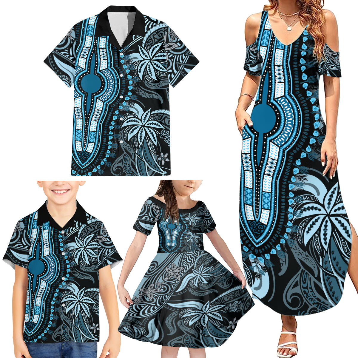 Polynesia Dashiki Family Matching Summer Maxi Dress and Hawaiian Shirt Polynesia and Africa Traditional Special Together Blue - Wonder Print Shop