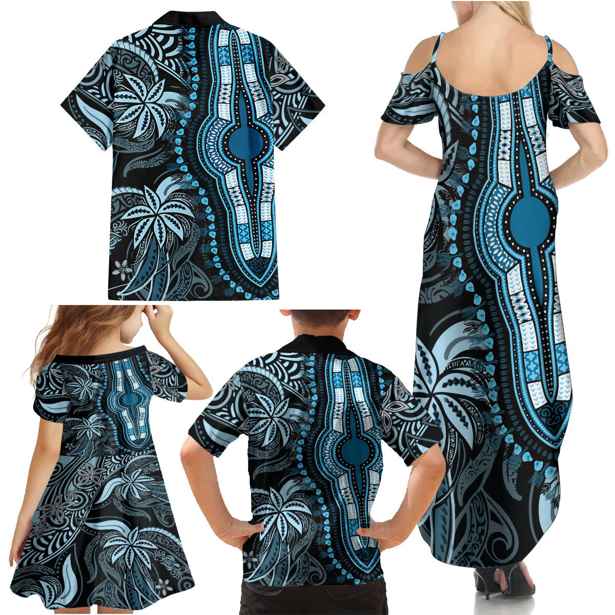 Polynesia Dashiki Family Matching Summer Maxi Dress and Hawaiian Shirt Polynesia and Africa Traditional Special Together Blue - Wonder Print Shop