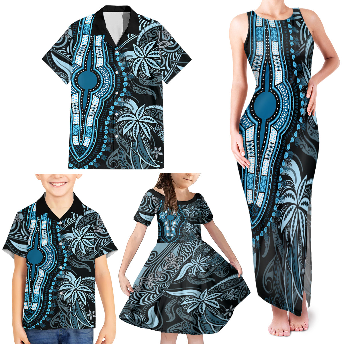 Polynesia Dashiki Family Matching Tank Maxi Dress and Hawaiian Shirt Polynesia and Africa Traditional Special Together Blue - Wonder Print Shop