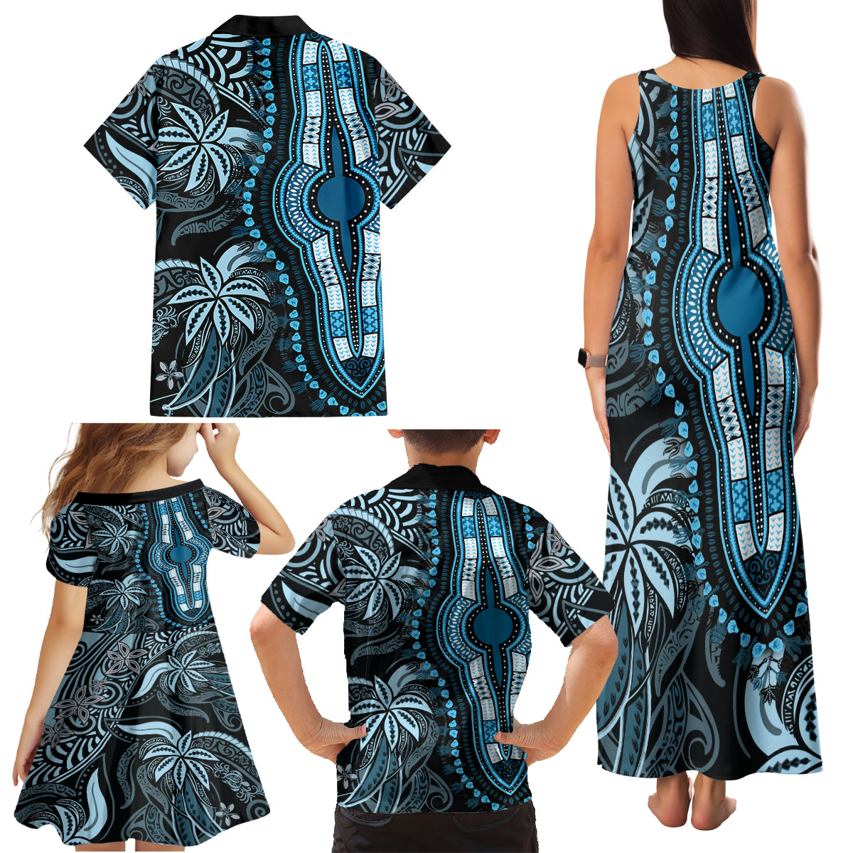 Polynesia Dashiki Family Matching Tank Maxi Dress and Hawaiian Shirt Polynesia and Africa Traditional Special Together Blue - Wonder Print Shop