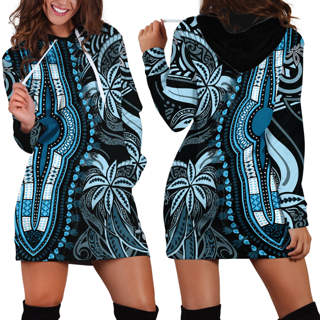 Polynesia Dashiki Hoodie Dress Polynesia and Africa Traditional Special Together Blue - Wonder Print Shop