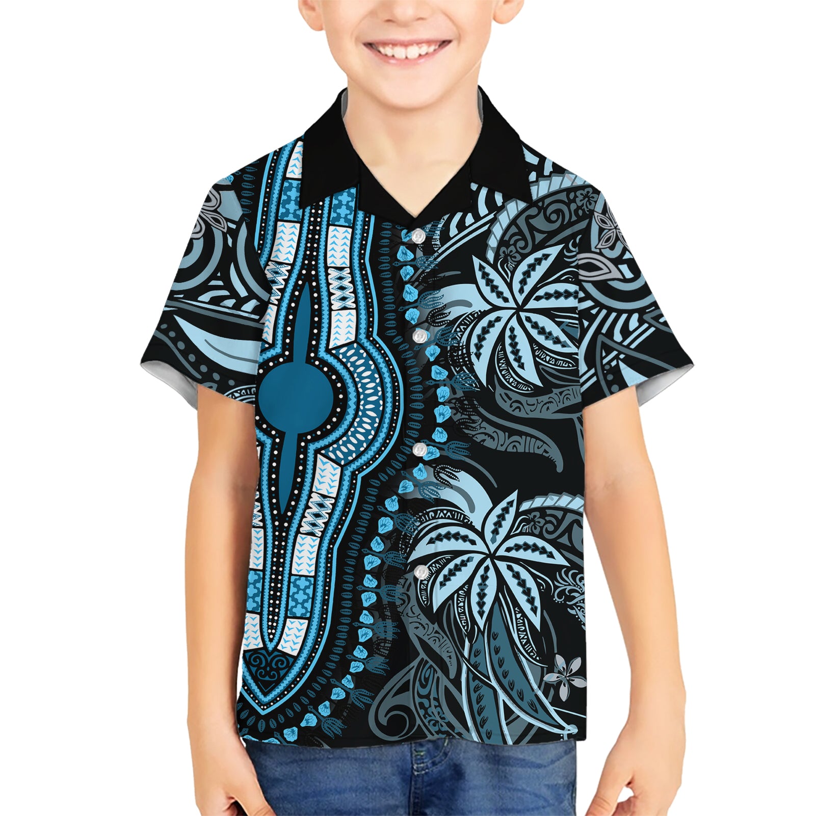 Polynesia Dashiki Kid Hawaiian Shirt Polynesia and Africa Traditional Special Together Blue - Wonder Print Shop
