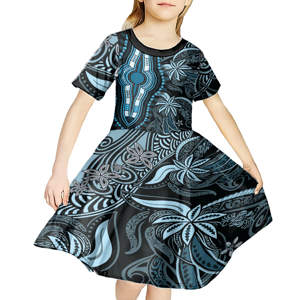 Polynesia Dashiki Kid Short Sleeve Dress Polynesia and Africa Traditional Special Together Blue - Wonder Print Shop